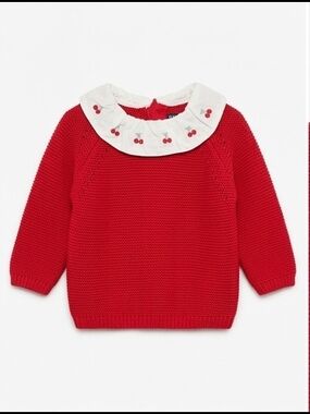 Girls' Red Knit Sweater with Embroidered White Peter Pan Collar